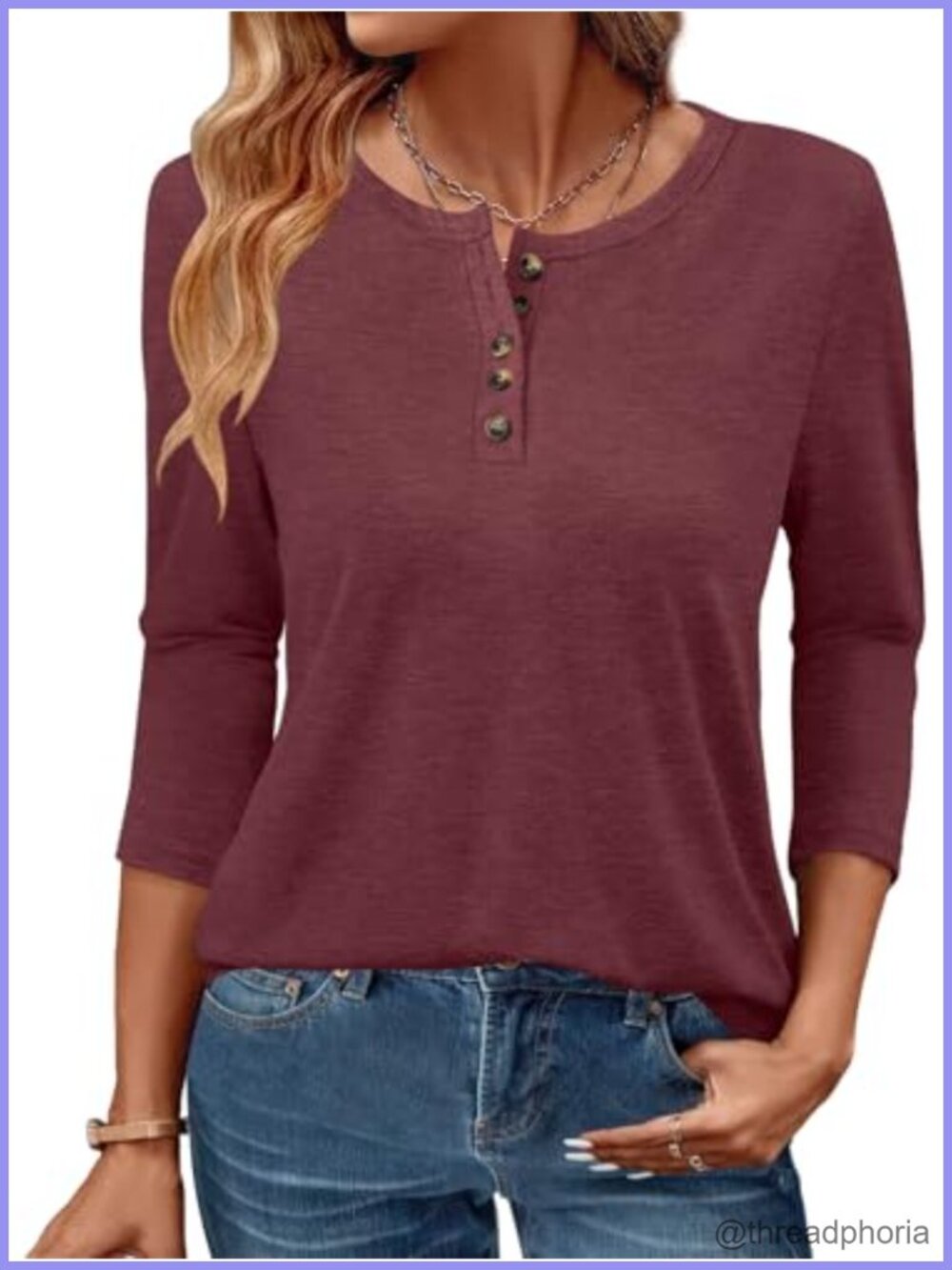 Women's 3/4 Sleeve Henley Tunic Top Lightweight Rayon Blend Button Down Shirt